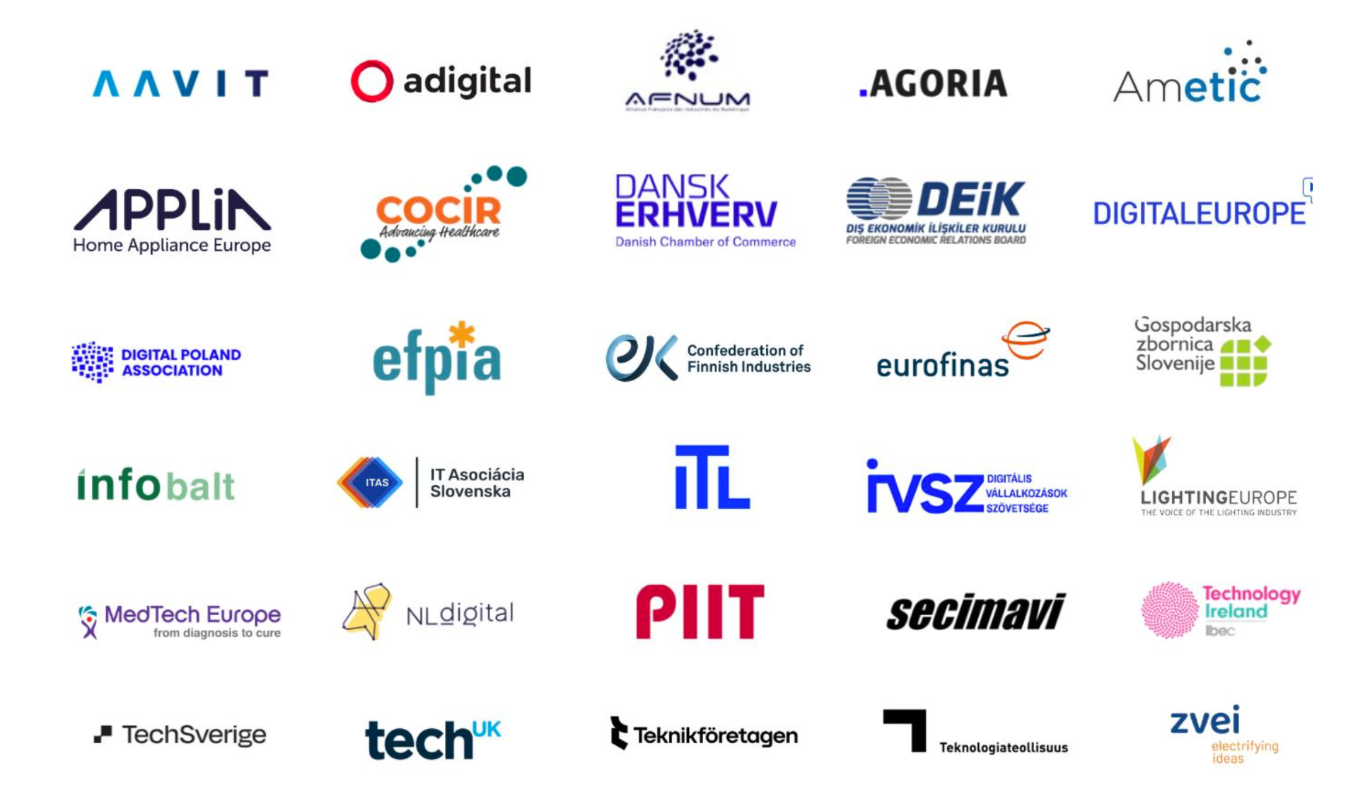 Logos of signatory organisations including AAVIT, adigital, AFNUM, Agoria, Ametic, APPLiA, COCIR, Dansk Erhverv, DEIK, DIGITALEUROPE, Digital Poland, EFPIA, Confederation of Finnish Industries, Eurofinas, Gospodarska zbornica Slovenije, infobalt, ITAS, ITL, IVSZ, LightingEurope, MedTech Europe, NLdigital, PIIT, secimavi, Technology Ireland, TechSverige, techUK, Teknikföretagen, Teknologiateollisuus, and zvei